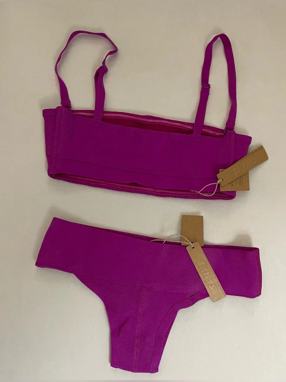 SKIMS 2Pc SET Knit Swim Bandeau Bikini Top & Bottom Lollipop Magenta Size XXS